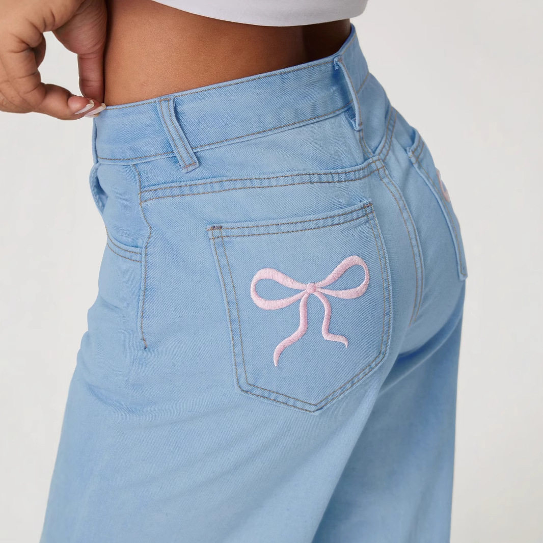 Embroidered Denim Jeans with Bow Detail Fashionable Trendy Design Womens Casual Wear Wholesale Available