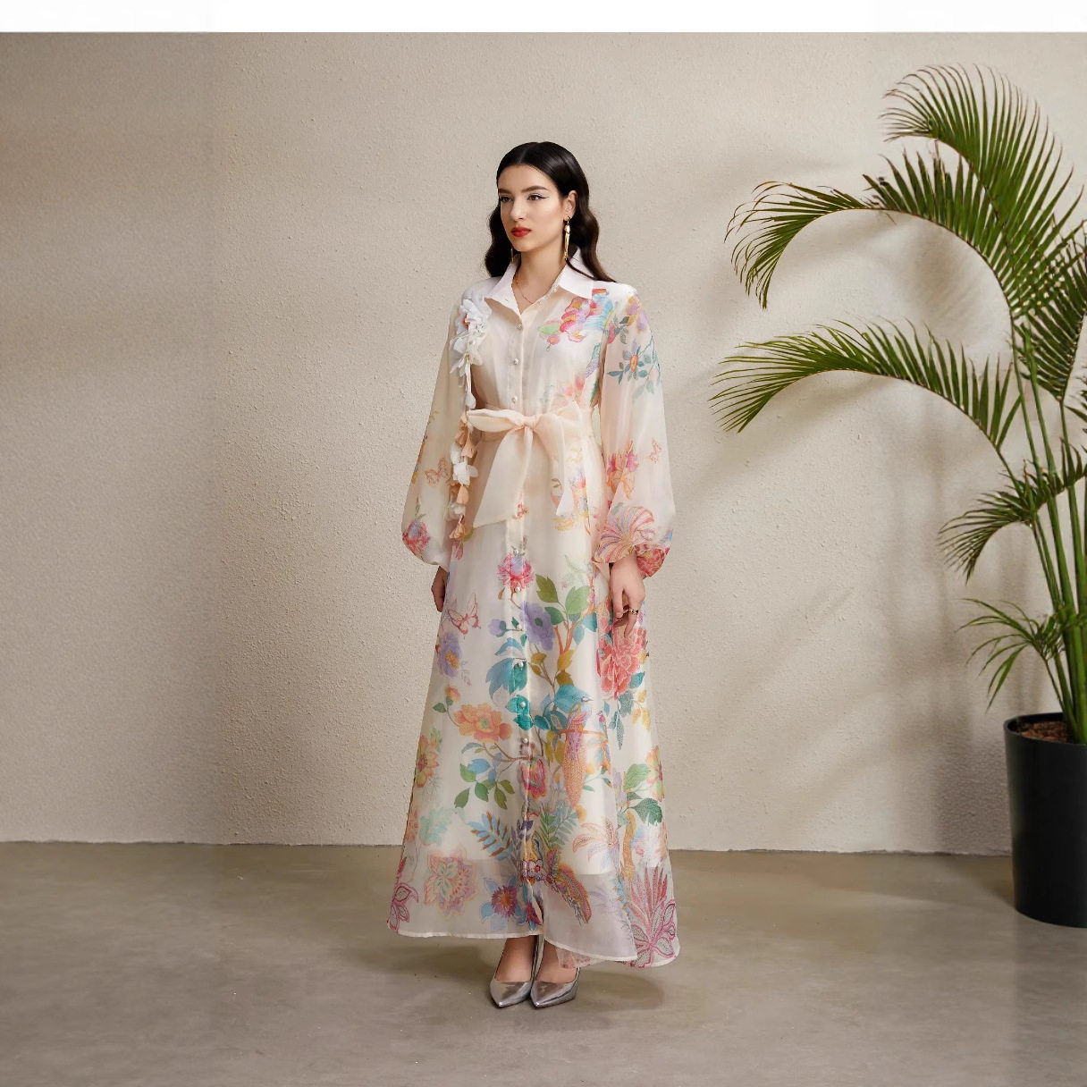 Vintage Floral Print Puff Sleeve Maxi Dress for Women Autumn Waist Tie Design Elegant Style Wholesale Available