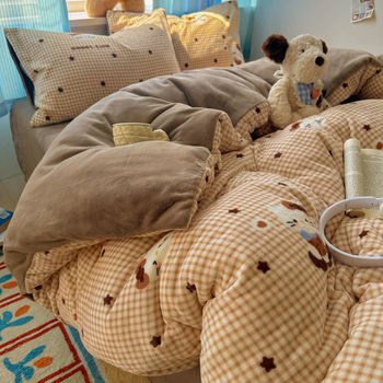 Cartoon Winter Thickeneded Milk Velvet Four-Piece Quilt Cover Coral Velvet Three-Piece Single Dormitory Thickeneded Thermal Kit