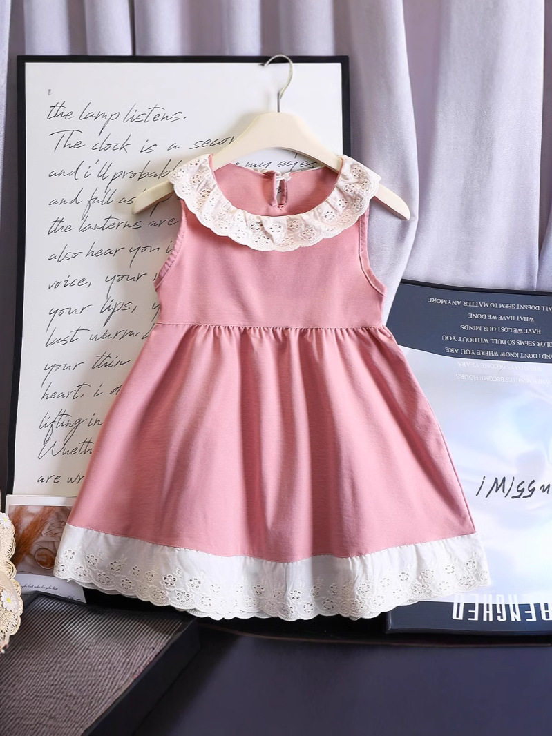 Nische Kinder-Sommerneuheit-Spitzen-Kinderkragen-Plissee-Kleid, süßes Rüschen-Prinzessinnenkleid