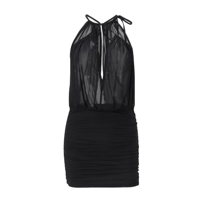 Spring Womens Dress Fashionable Sexy Halter Neck Sheer Mesh Bodycon Ruched Design Evening Wear Wholesale