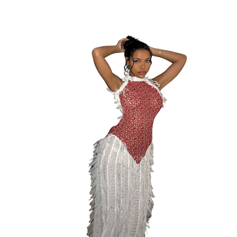 Summer Womens Dress Sleeveless Backless Fringe Sheer Color Block Trendy Style for Parties and Events Wholesale