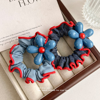 Korean Blue Flower Small Intestine Hair Band for Women That Does Not Hurt Hair, High Elastic Ponytail Ball Head Durable Rubber Band