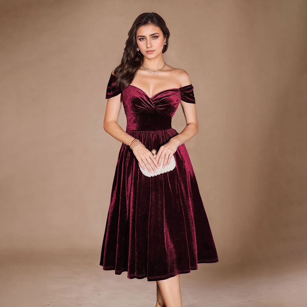 Burgundy Velvet Off Shoulder Maxi Dress Elegant Flare Skirt Evening Gown Perfect for Parties Wholesale Available