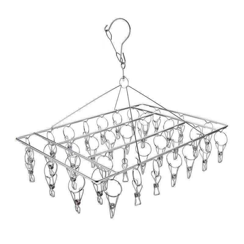 Stainless Steel Clothes Drying Rack with Multiple Clips for Drying Socks, Multifunctional Square Solid Storage Rack for Home Use