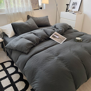 Cross-Border Solid Color Washed Cotton Four-Piece Set, Super Soft Pleated Sheets, Quilt Cover, Fitted Sheets, Student Dormitory Three-Piece Set Wholesale