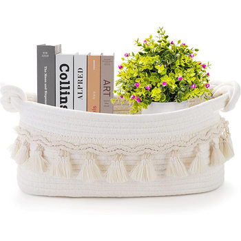 Factory Supply Amazon Tropical Tassel Storage Basket Twist Handle Storage Basket Cotton Rope Woven Basket