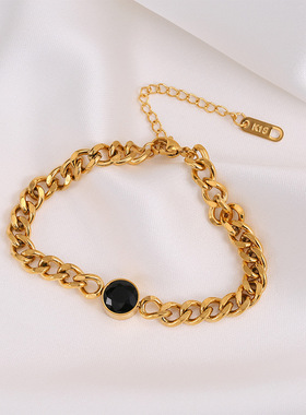 欧美夸张黑色圆牌手链女粗链条网红短款锁骨链钛钢颈链个性潮饰品