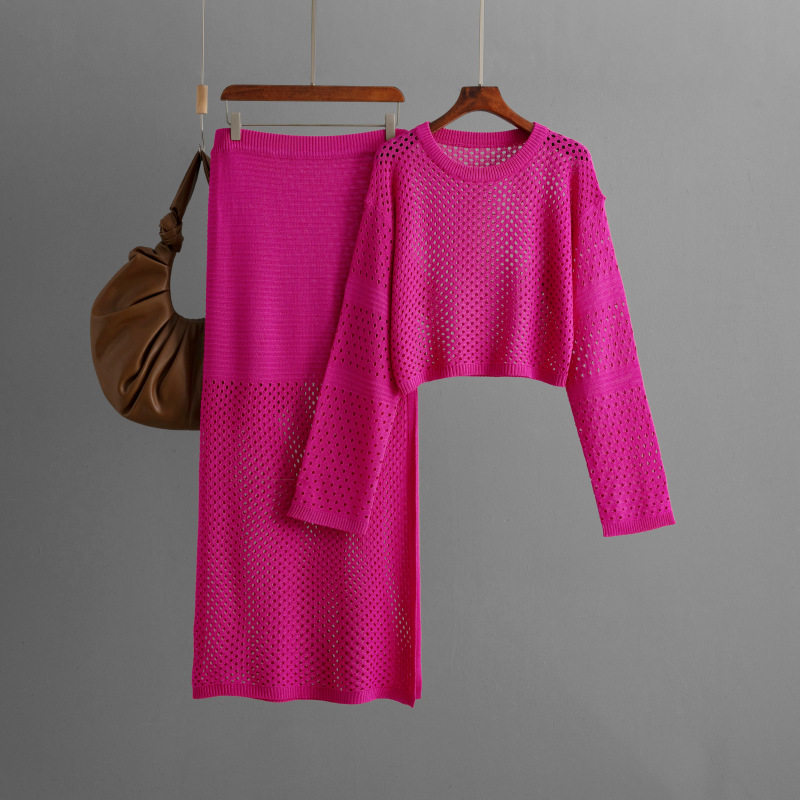 欧美跨境女装2024新款夏季镂空针织衫长款半身裙时尚两件套裙装