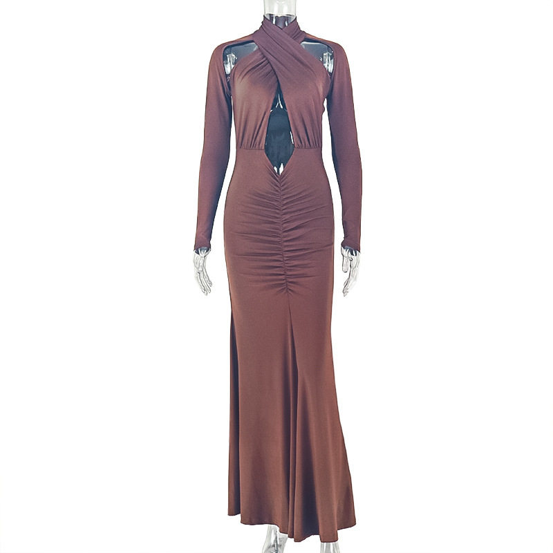 Elegant Womens Bodycon Dress Solid Color Curve Hugging Long Sleeve Strapless Design Perfect for Parties and Events