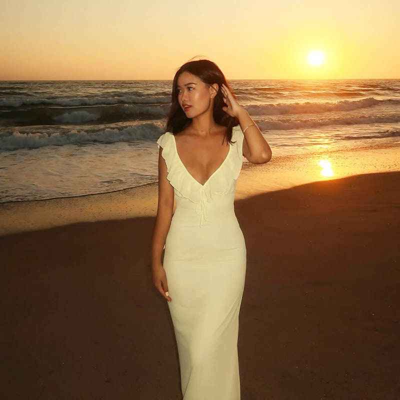 YJ24657P欧美跨境性感荷叶边系带修身连衣裙2025夏季新款礼服女装