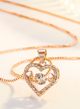 灵动爱之心吊坠银链子爱心形项链 镀K金镶闪动钻一心一意爱意吊坠