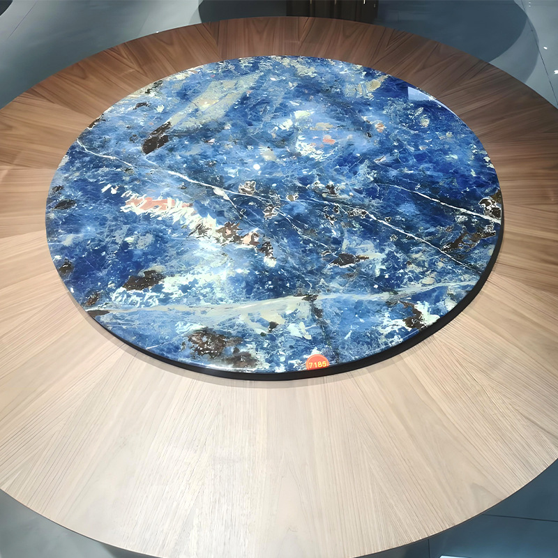 定制实木奢石餐桌新中式带转盘圆桌小户型高端景泰蓝大理石餐桌