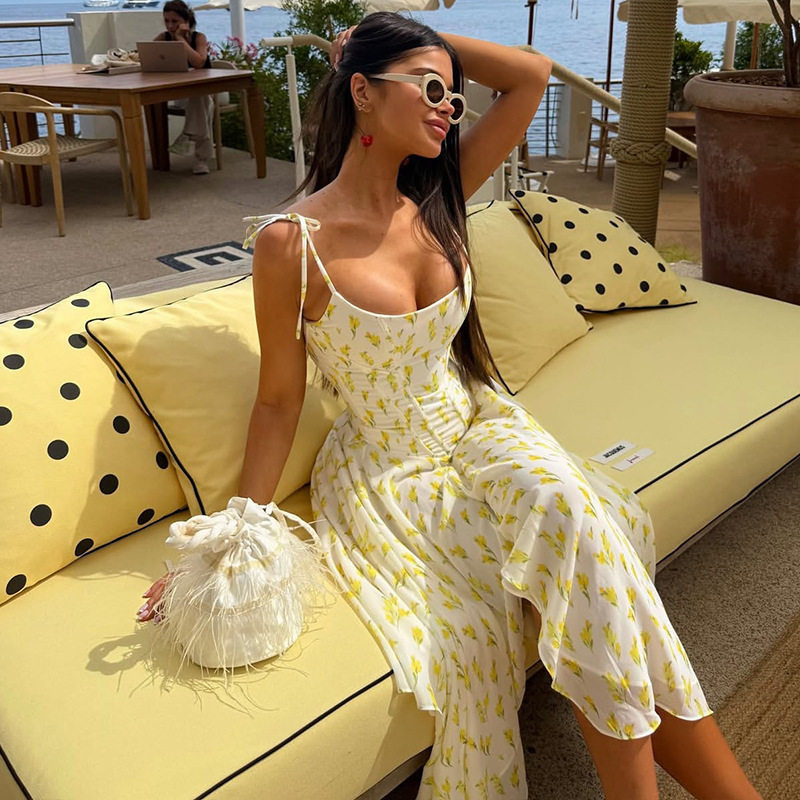 Bohemian Floral Print Maxi Dress Strapless Waist Cinching Backless Slim Fit Perfect for Outdoor Events Wholesale