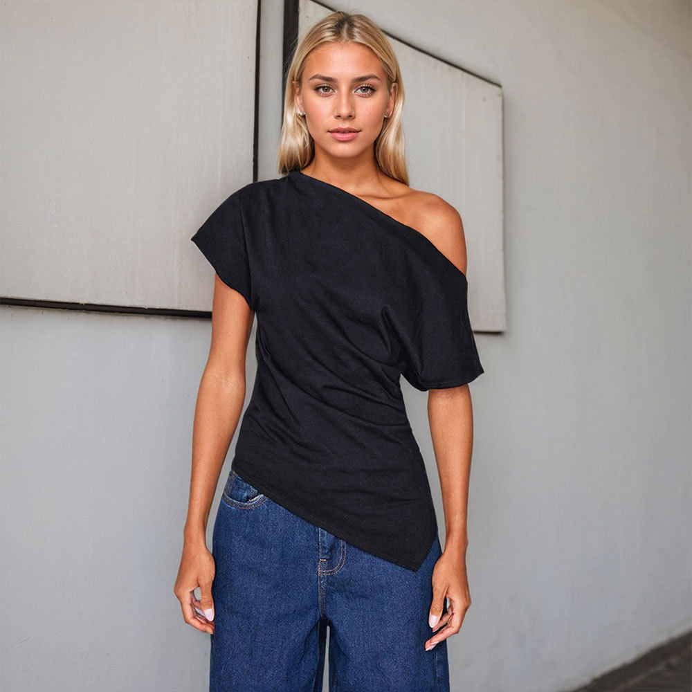 Off Shoulder Slim Fit T Shirt Short Sleeve Asymmetrical Neckline Spring Summer Style Wholesale Available