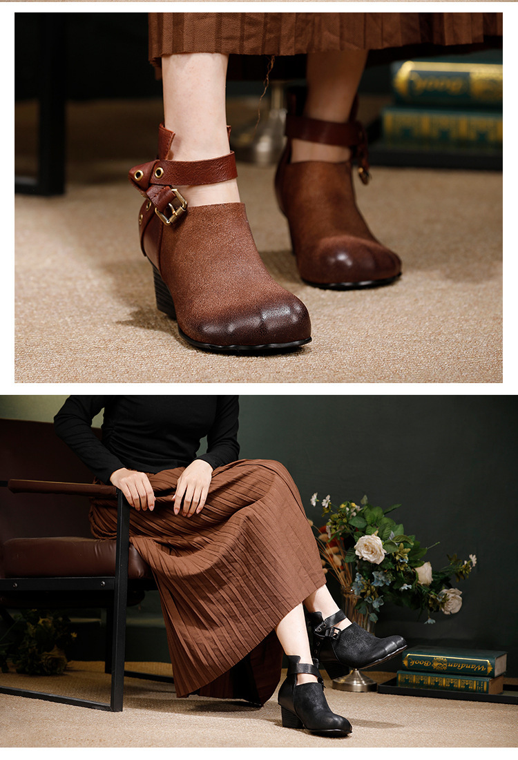 Boot nữ cổ thấp da bò thật gót thô khóa kéo sau mũi tròn — màu đen, Màu nâu cà phê