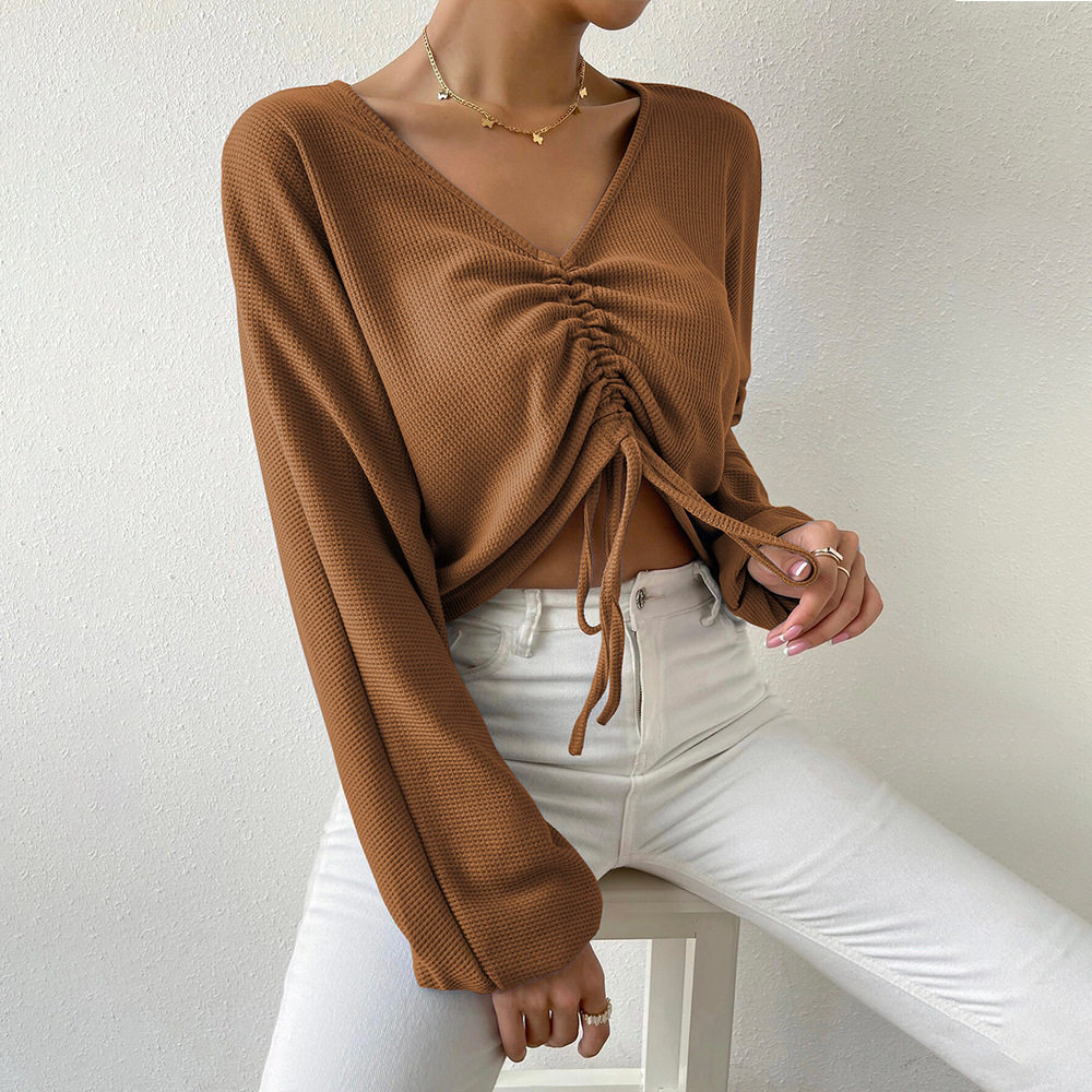 Loose Fit V Neck Long Sleeve T Shirt Casual Waffle Fabric Drawstring Detail Cropped Style Spring Summer Womens
