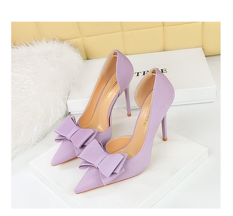 Giày cao gót nữ mũi nhọn gót siêu cao 10.5cm mặt lụa satin thắt nơ hở hông — Màu đen, Màu đỏ hoa hồng, Màu đỏ rượu, Màu hồng