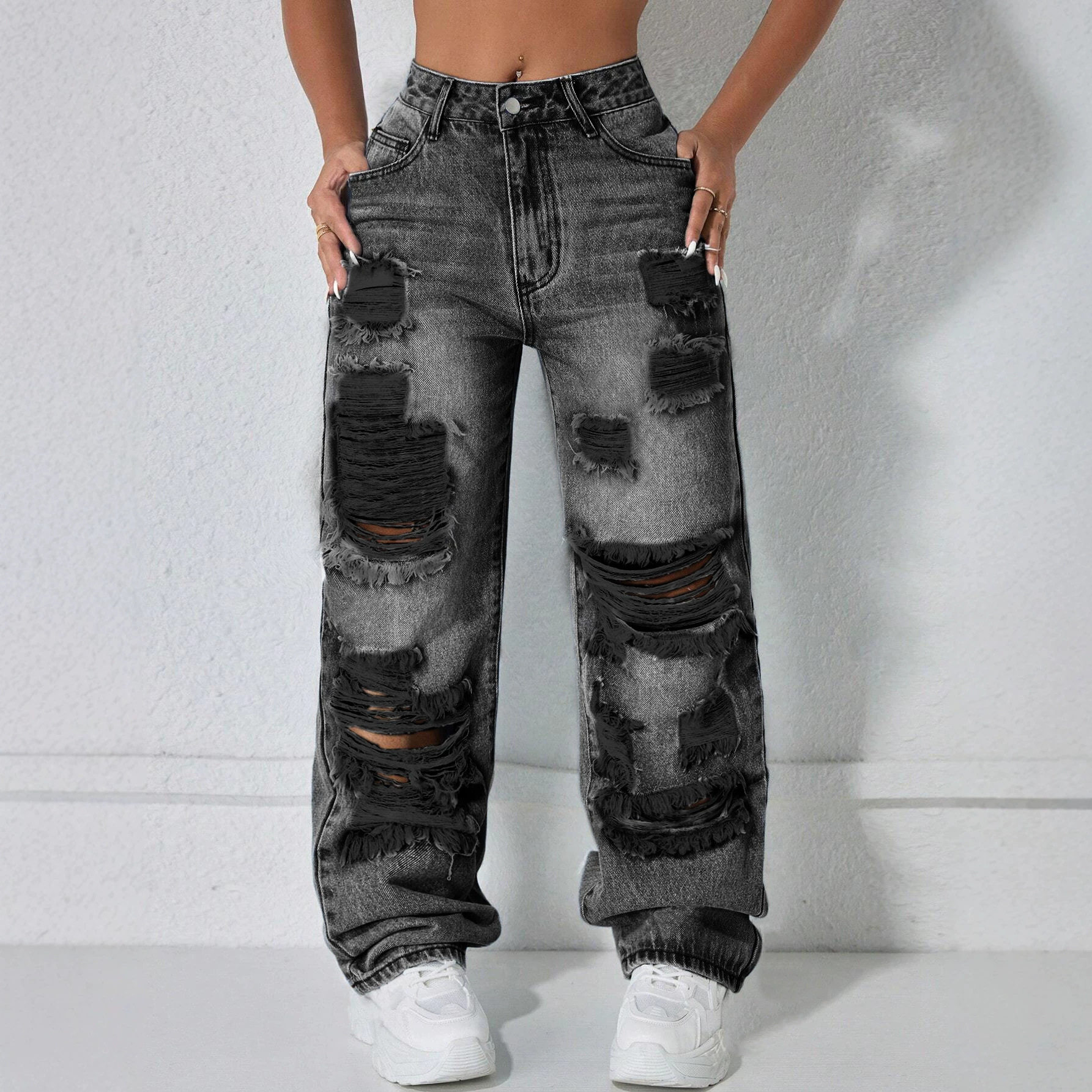 Casual Ripped Straight Leg Womens Jeans Versatile Trendy Comfortable Perfect for Everyday Wear Ready to Ship