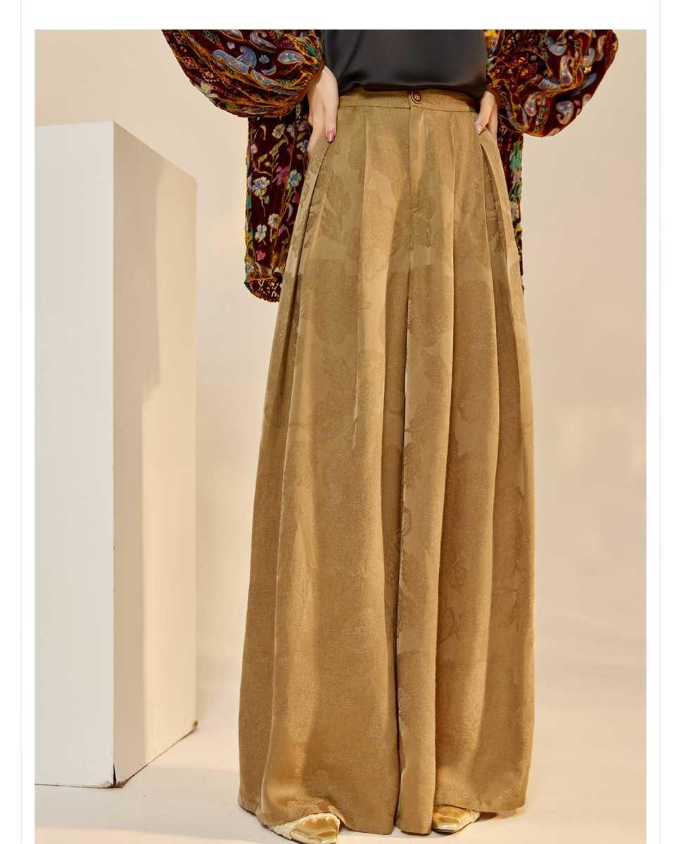 Quần dài ống rộng nữ họa tiết jacquard lụa tơ nhân tạo — Màu trắng nhạt, màu vàng