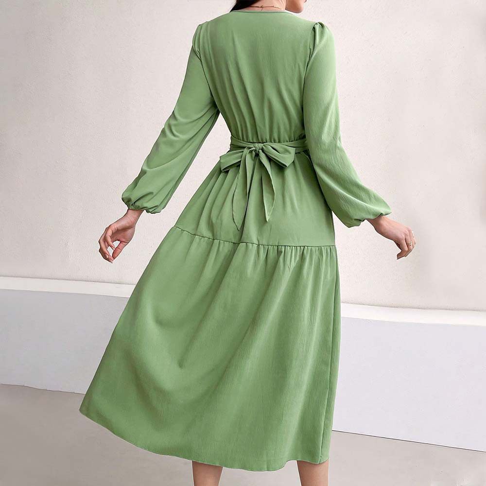 Elegant V Neck Midi Dress Fresh Spring Summer Style Youthful Green Color Wholesale Available OEM ODM service