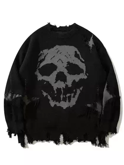 New Diablo Men's Cross-border Hot Selling Retro Skull Crewneck Neutral Loose Long-sleeved Knitted Sweater