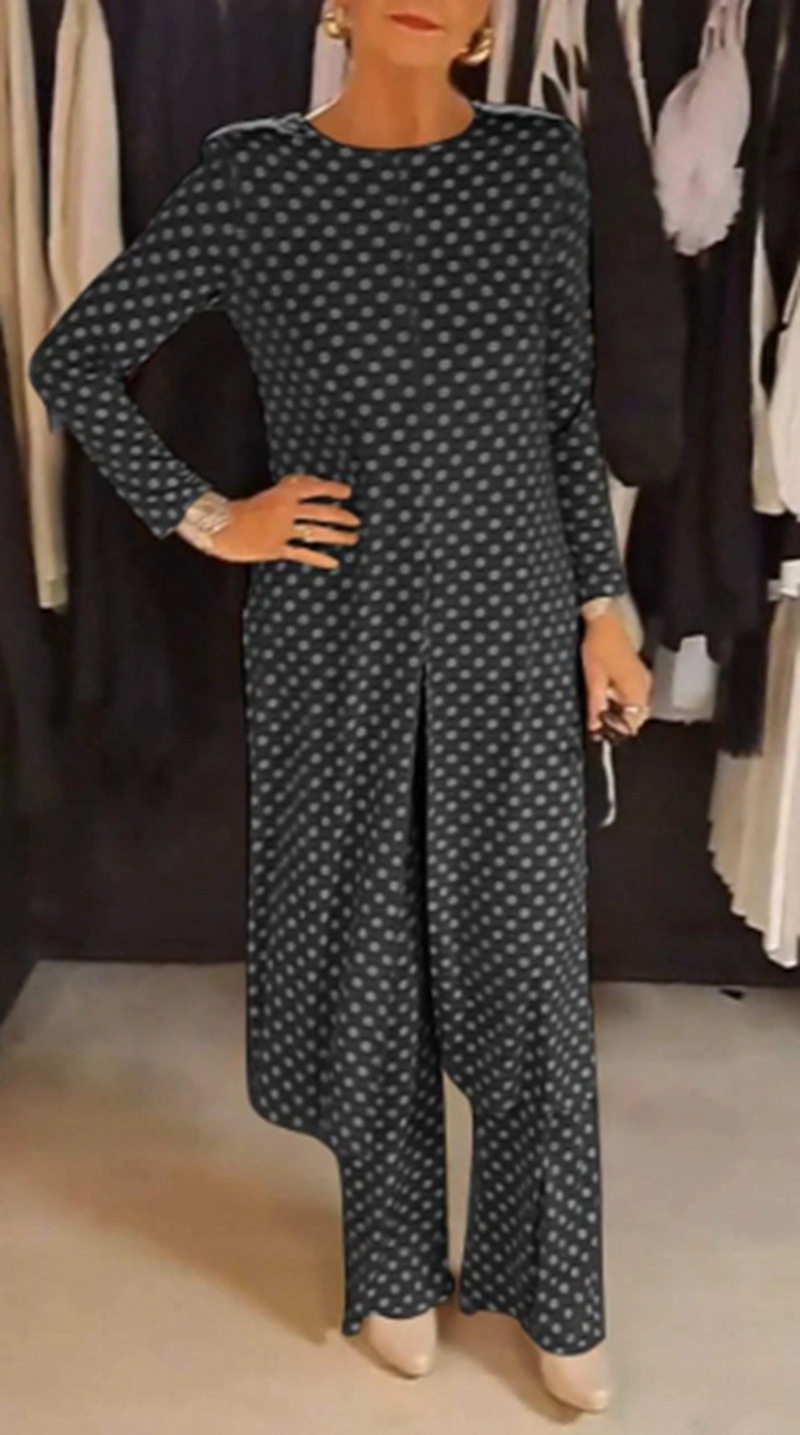 Summer Polka Dot Split Hem Top and Pants Set Slim Fit Round Neck Fashionable Versatile Perfect for Casual Outings