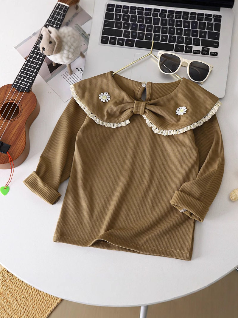 New Autumn Girls' Doll Collar German Fleece Top, Stylish Undershirt, Lace-Trimmed Versatile Base Layer