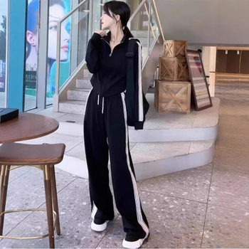 European Casual Sports Suit for Women 2025 Autumn and Winter Stand-Up Collar Fashionable and Slimming Look Slimming Look and Age-Reducing Two-Piece Women's Suit