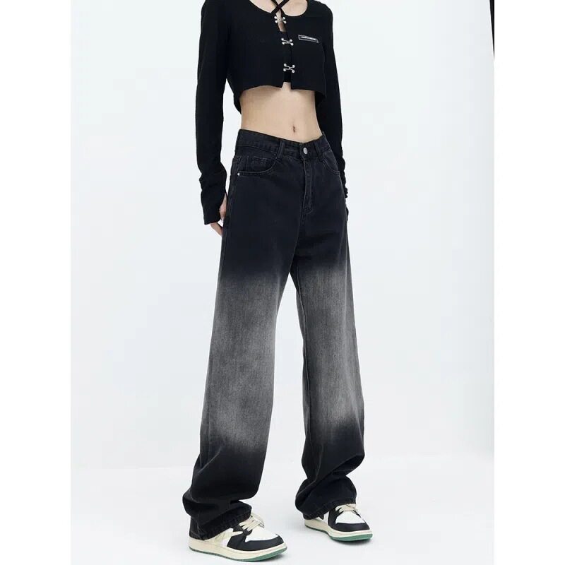 Black Gradient Straight Leg Jeans for Women High Waist Casual Slim Fit Korean Style Spring Fashion for Students