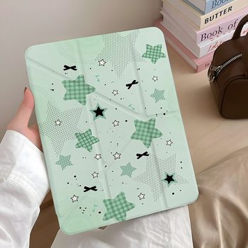 Y-Fold Mint Green Plaid Star Ipadpro 11inch Air6 Protective Case A16 Tablet 10Th Generation Mini7 Protective Case