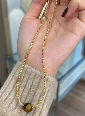 真金电镀美拉德虎眼石金色镭射珠项链时尚秋冬气质网红毛衣链女