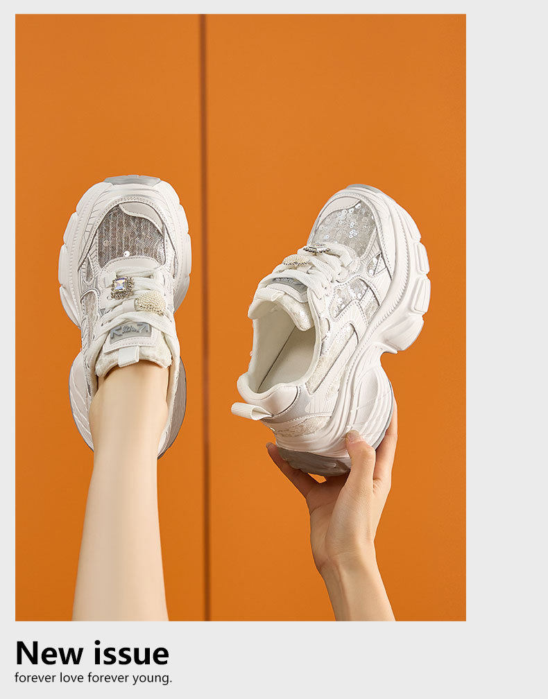 Giày sneaker nữ đế dày chunky phong cách thể thao, gót 8 cm — Trắng, Bạc chi tiết 12