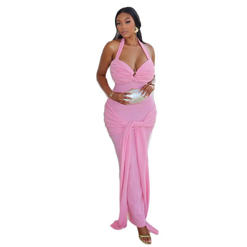 Solid Color Womens Bodycon Midi Dress Backless Halter Neck Ruched Design Elegant Evening Wear OEM Available