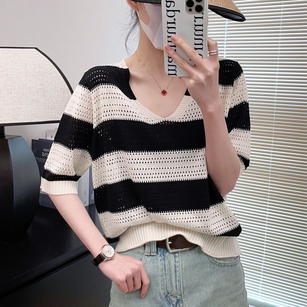 Lace Stripe V Neck T Shirt Ice Silk Short Sleeve Loose Fit Lightweight Summer Casual Wear Wholesale Available