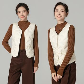 2025 New down Vest Women's V Neck Thickeneded Vest Liner Korean Style Slim Waistcoat 90 White Duck down Vest Women