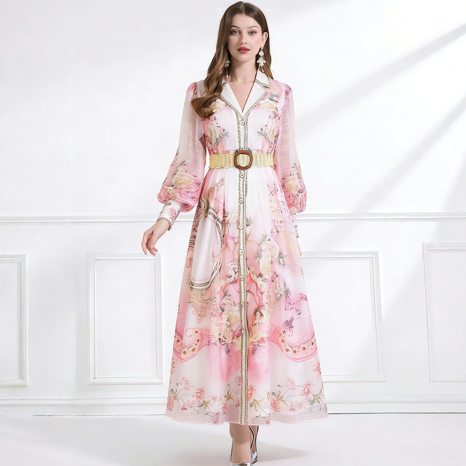French Floral Print Long Sleeve A Line Dress for Women V Neck Waist Defined Elegant Style Spring Office Wear
