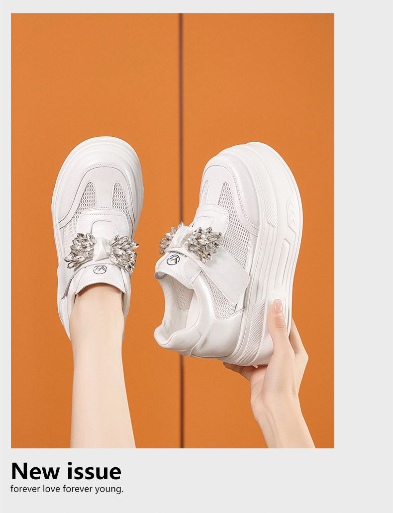 Giày sneaker nữ đế dày chunky trắng phối đá rhinestone, form hầm hố, tăng chiều cao — Trắng, Xám chi tiết 12