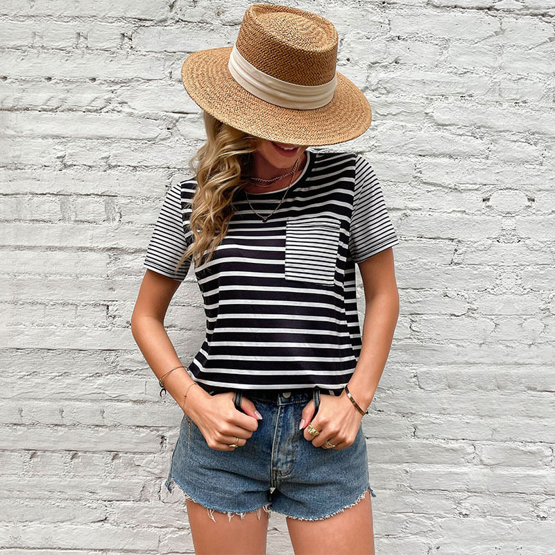 Casual Black Striped T Shirt Summer Fashion Loose Fit Short Sleeve Womens Everyday Wear Wholesale Available