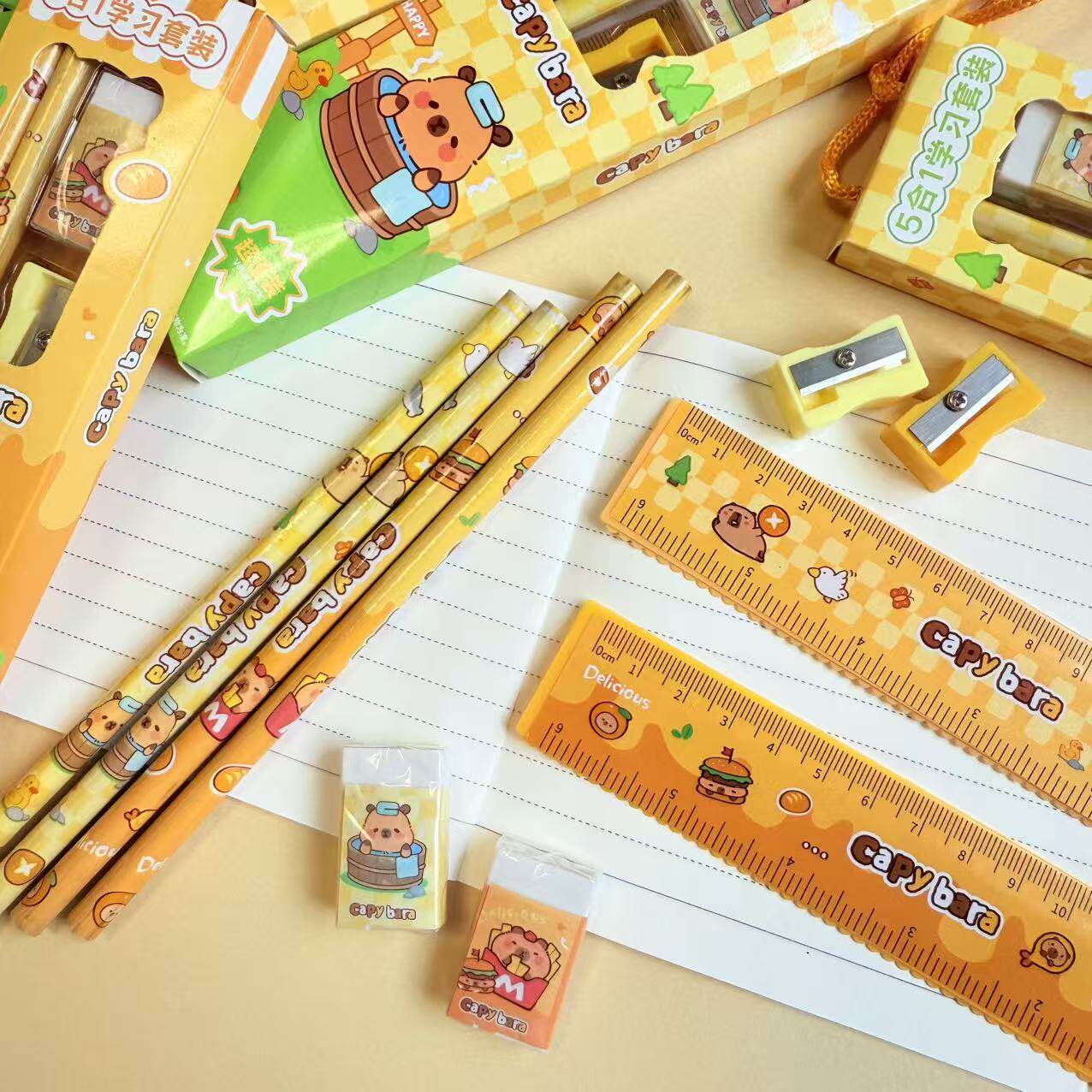 Kapibala Pencil Stationery Set Children's Five-Piece Prize Ruler Eraser Set Gift Box Gift Wholesale