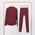 Dark red gold zipper stamped jacket and cropped pants suit