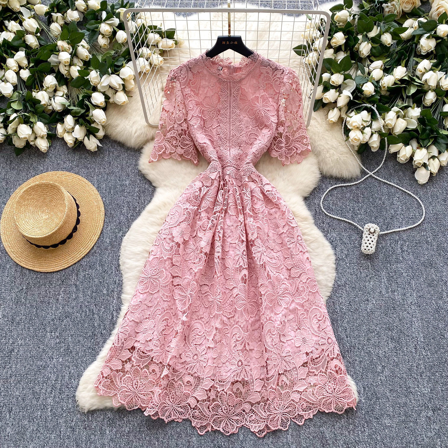 Lace Short Sleeve A Line Dress for Women Elegant Hollow Out Design Summer Cocktail Party Wear