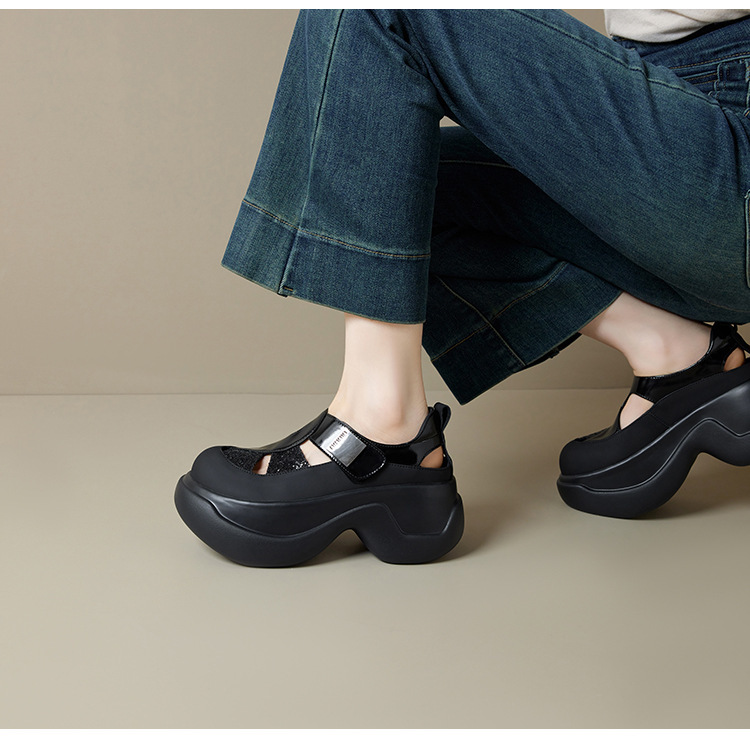 Giày sandal nữ gót cao 8cm đế dày đính đá, mũi tròn bít da bò khoét lỗ — Màu bạc, Màu đen, Màu trắng be