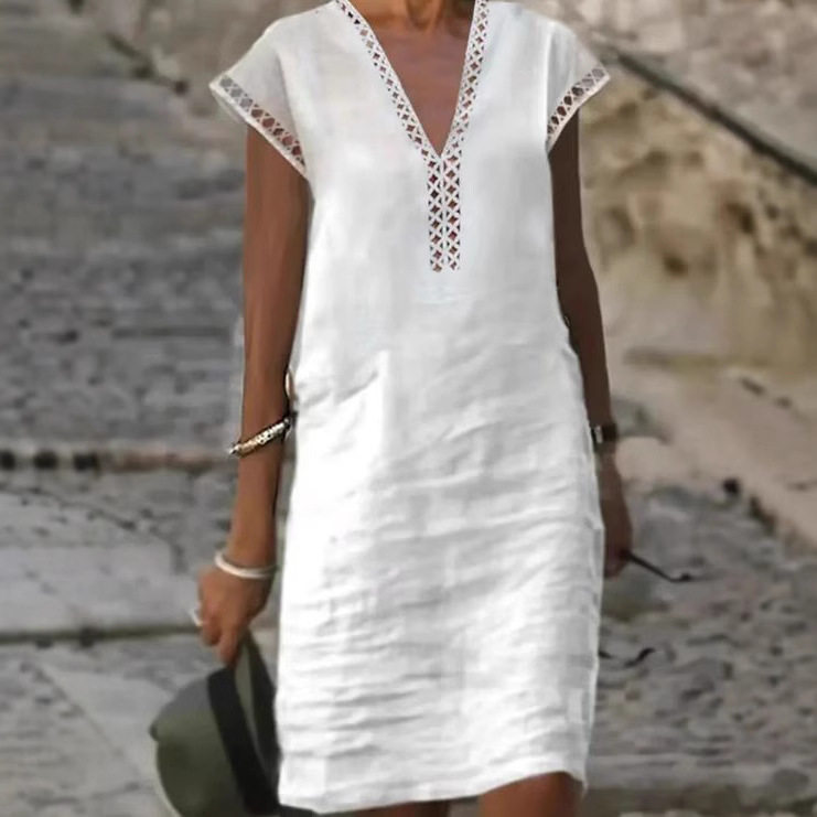 Casual Short Sleeve V Neck Dress Solid Color Hollow Out Design Summer Style Perfect for Everyday Wear Wholesale