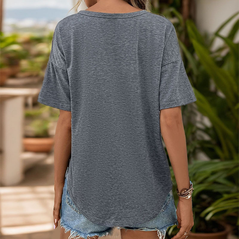 Casual V Neck Button Up T Shirt Summer Lightweight Fabric Solid Color for Everyday Wear Wholesale Available