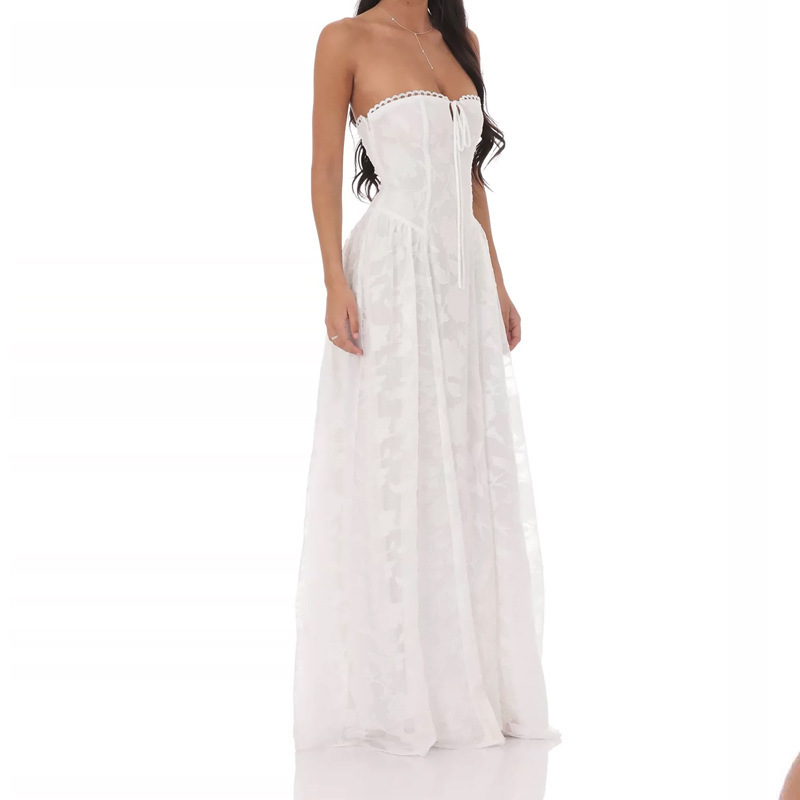 Đầm dạ hội dài ren cổ tròn phối corset thắt eo dáng xòe — Màu trắng