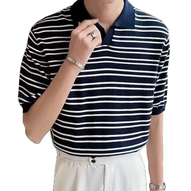 2025针织polo衫男日常百搭短袖夏季翻领简约半袖轻熟休闲条纹上衣