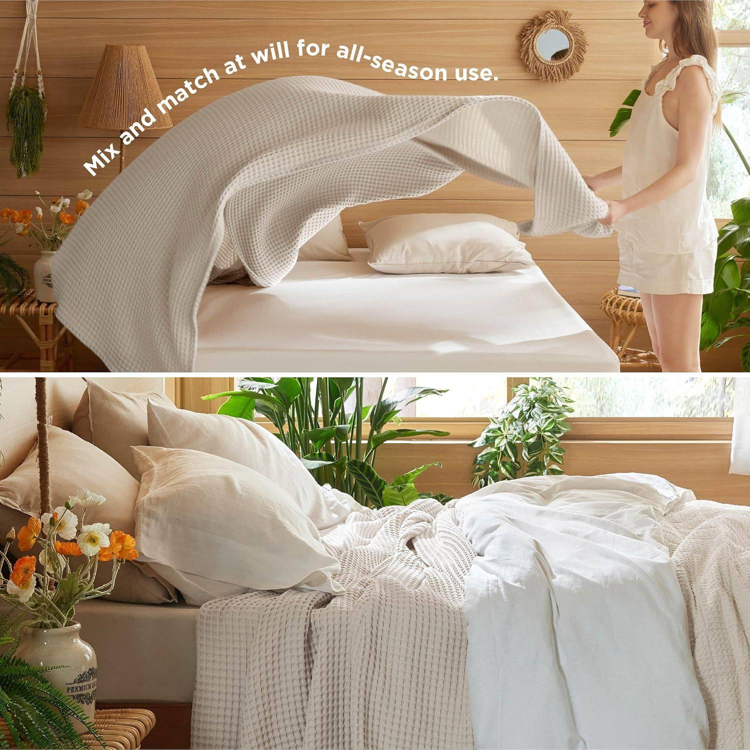 Cotton Waffle Large Blanket Lightweight Breathable Blanket Hot Sleeper Luxury Bed Sofa and Couch Blanket Four Seasons Blanket