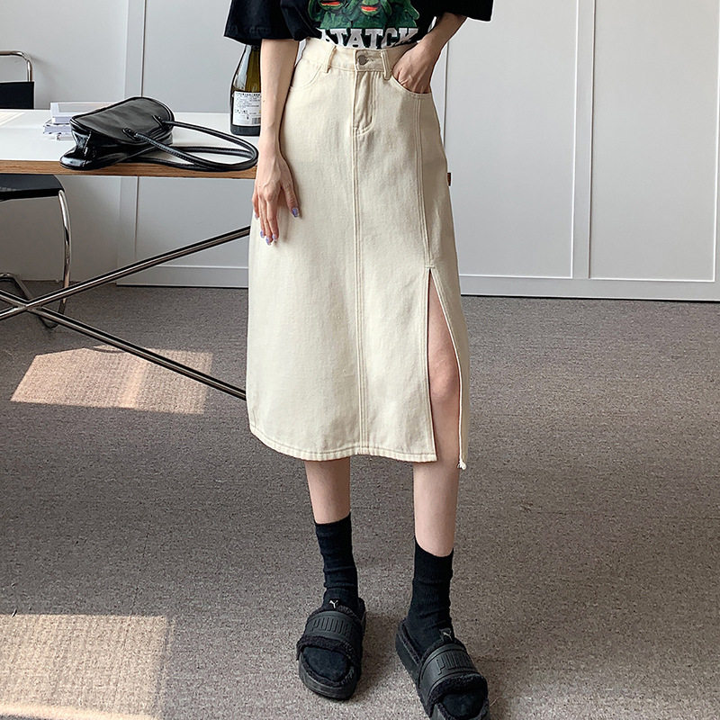 High Waisted Split Denim Skirt Slim Fit Mid Length Elegant Style Spring Summer Fashion Wholesale Available