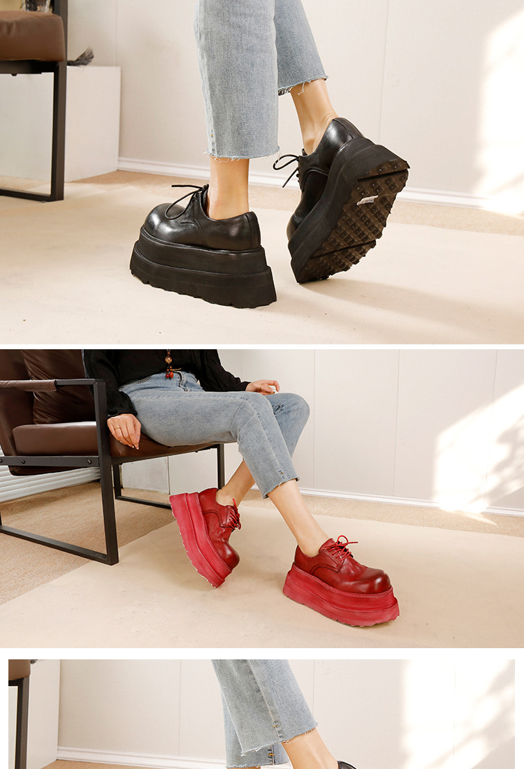Giày nữ da bò thật dập nổi cổ thấp đế dày tăng chiều cao buộc dây — Kaki, Màu đen, Màu đỏ